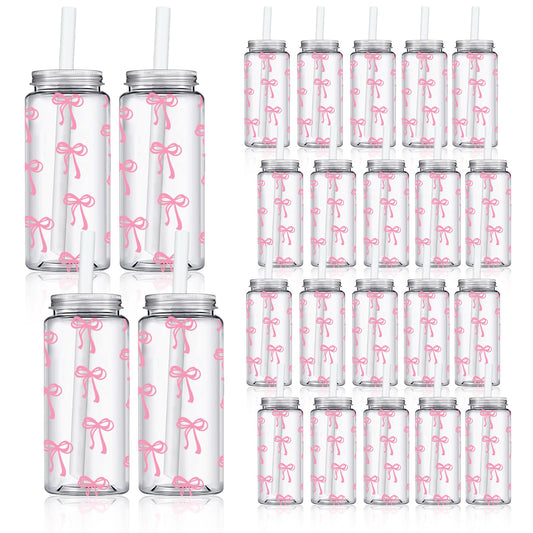 Whaline 20Pcs Pink Bow Plastic Cups with Lids and Straws Clear