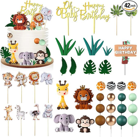 42 Pcs Safari Jungle Animal Cake Toppers Wild One Lion Giraffe
