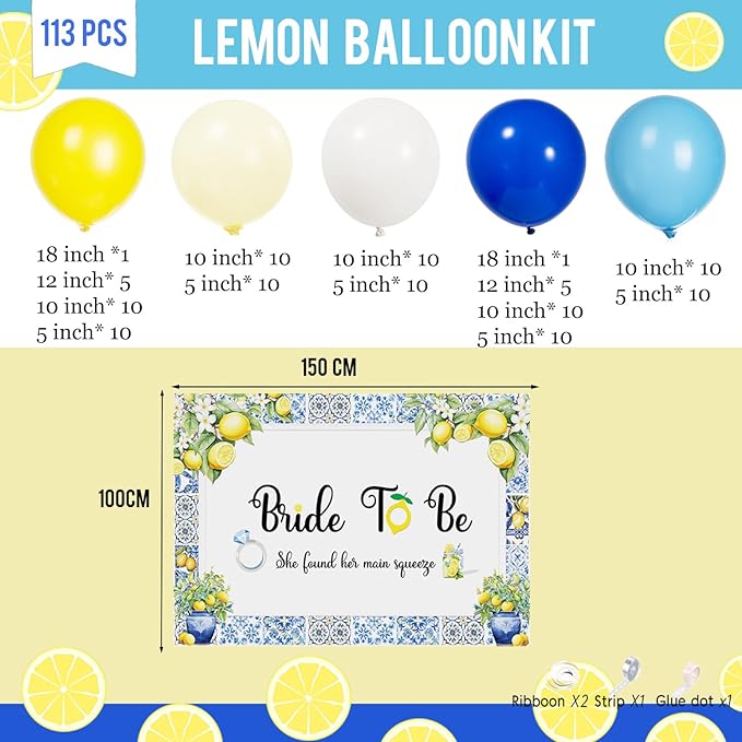 Royal Blue Yellow bridal shower lemon theme balloon arch kit with