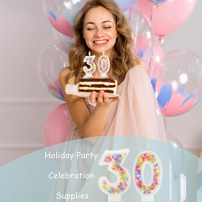 30th Birthday Candle for Cake, Colorful Macaron Numeral Candles for Wo