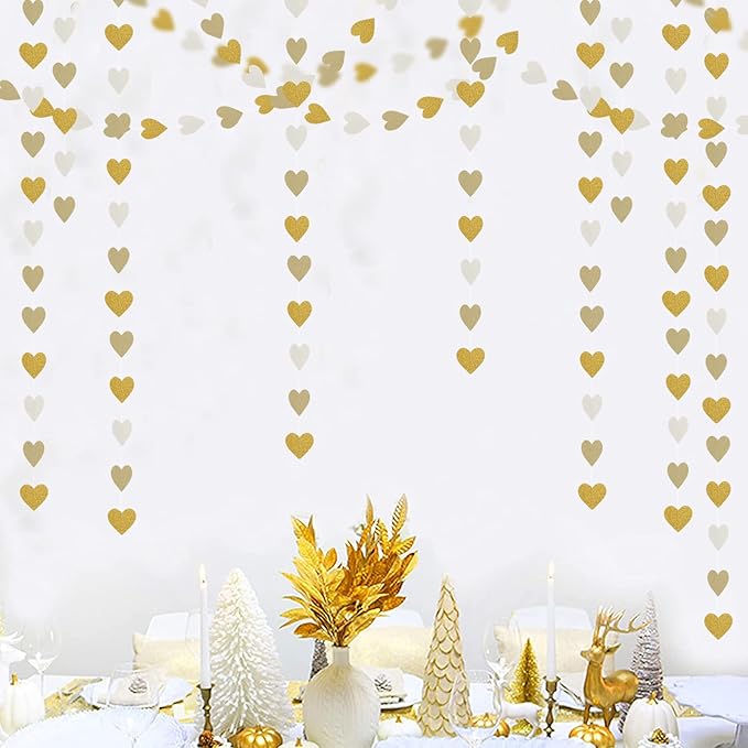White-Gold Champagne Party-Decorations Heart Streamers Garland - 52Ft