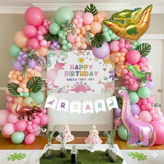 Three Rex Cute Dinosaur theme birthday party Decorations with Pink