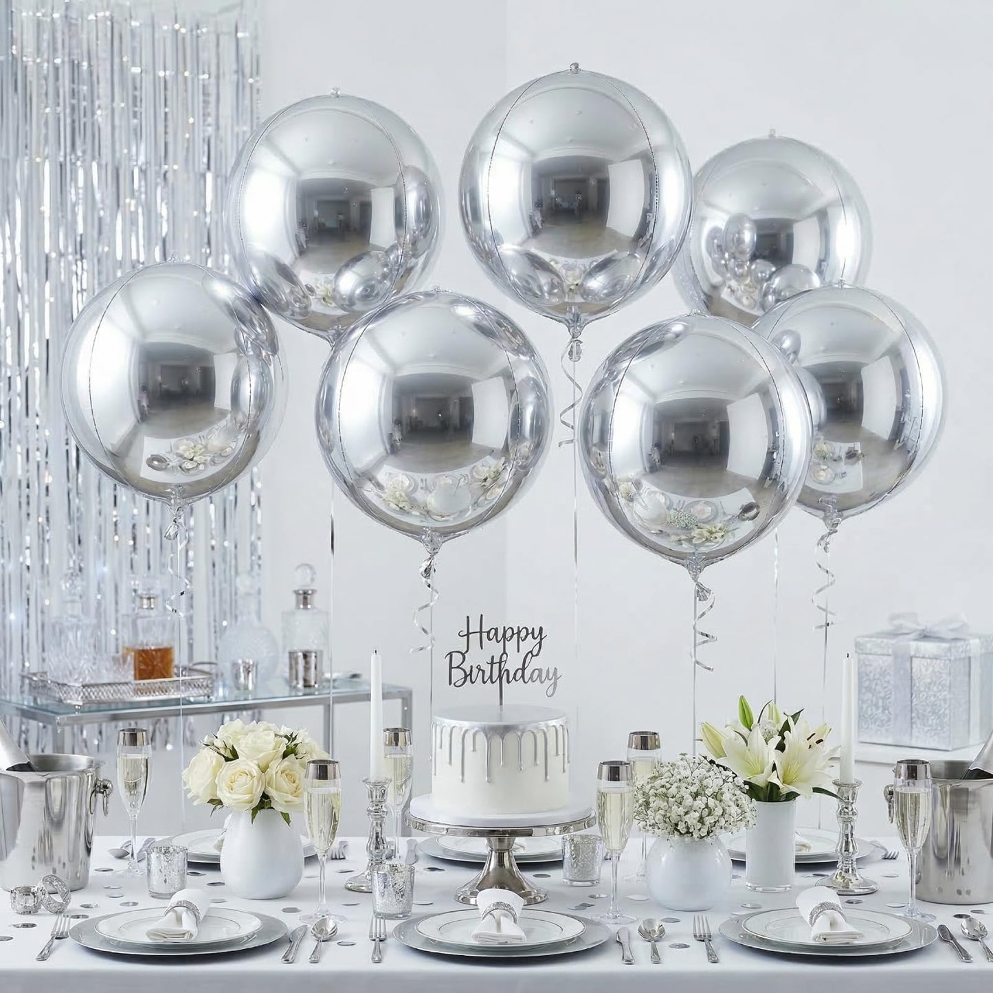 Metallic Silver Round Foil Balloons, 22" Large 4D Sphere Mylar