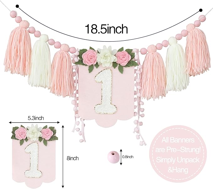 Handmade Wildflower 1st Birthday HighChair Banner Pink White Party