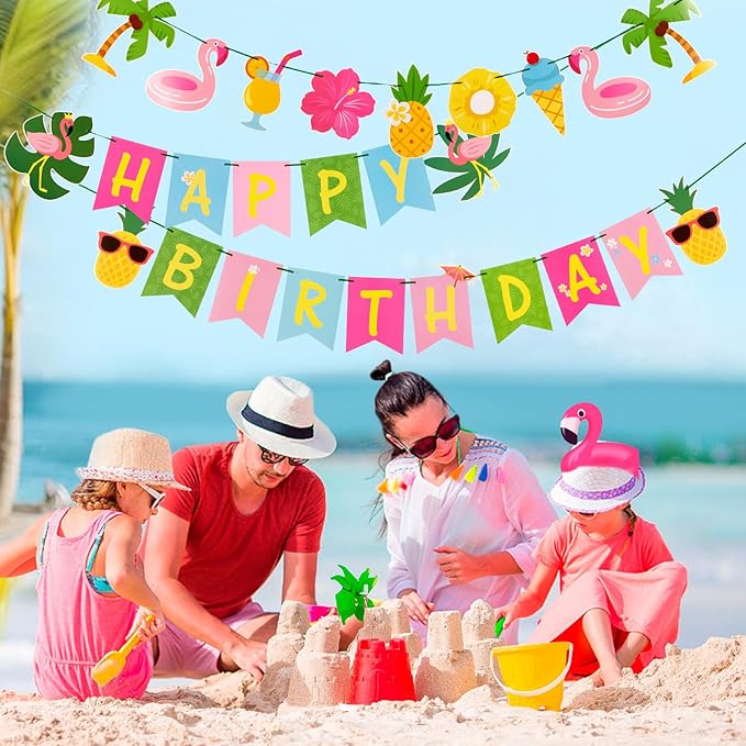 Hawaiian Happy Birthday Banner Tropical Luau Party Birthday Flamingo
