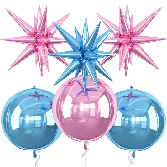 6Pcs Pink Blue Foil Balloons,22Inch Blue Pink 4D Round Ball Balloon