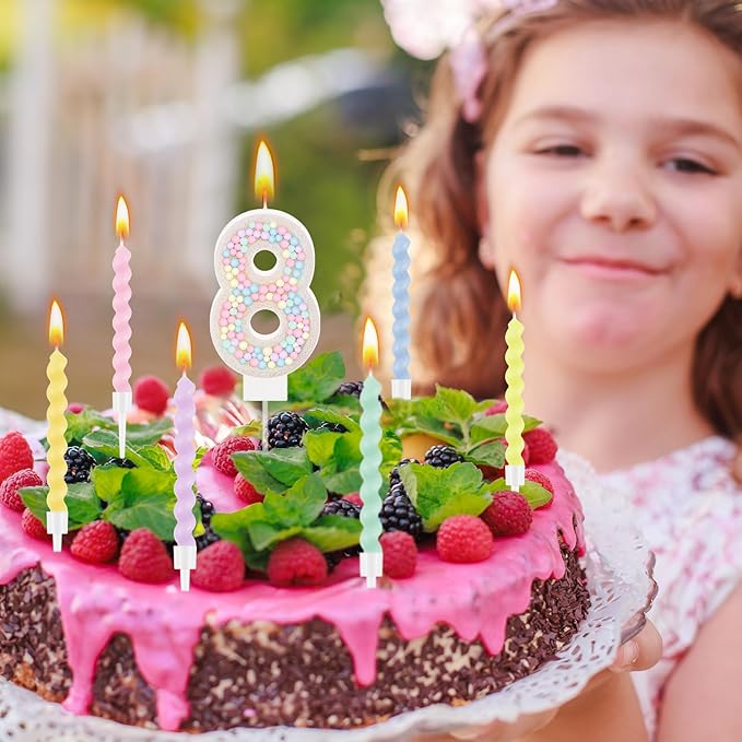 Number 8 Birthday Candle with 12 Pcs Spiral Candles for Girls