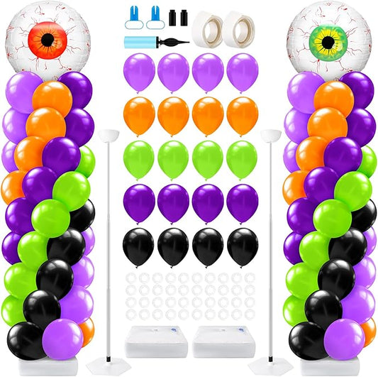 2 Set Halloween Eyeball Balloon Column Stand Kit with Red Green