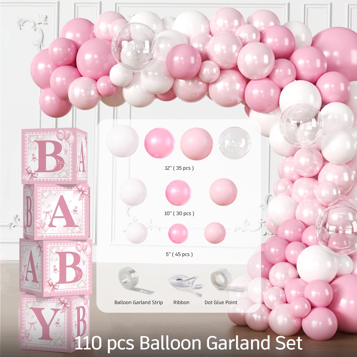 cocomigo 274 Pcs Pink Bow Baby Shower Decorations, All-in-One Party