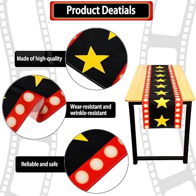 13 x 72 Inch Movie Night Table Runner with Gold Star Design Movie