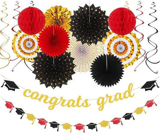 Red-Black Gold Party-Decorations Graduation Banner-Streamers - 18pcs