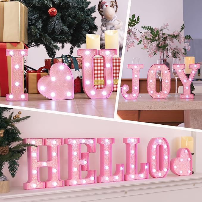 Pink Light Up Letters, LED Marquee Letters for Table, Small Glitter