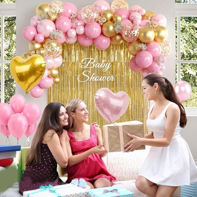 157PCS Pink and Gold Balloons Garland Arch Kit with Gold Fringe