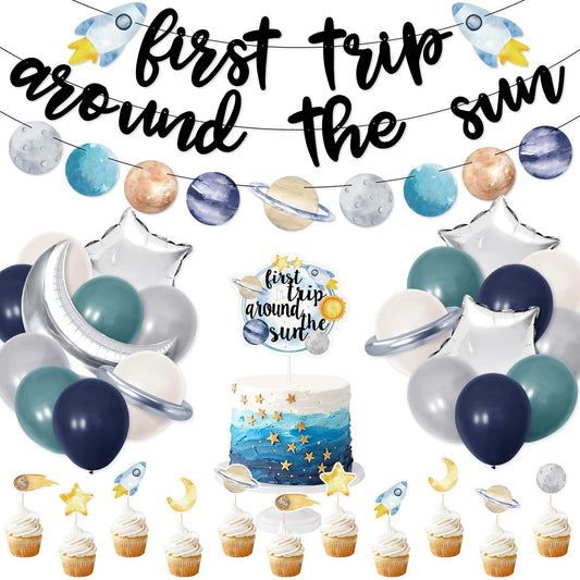 First trip Around the Sun Birthday Decorations -58pcs Outer Space 1st