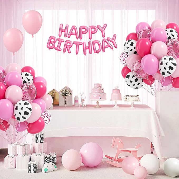 60pcs Cowgirl Balloons, Hot Pink Light Pink Confetti Cow Print Latex