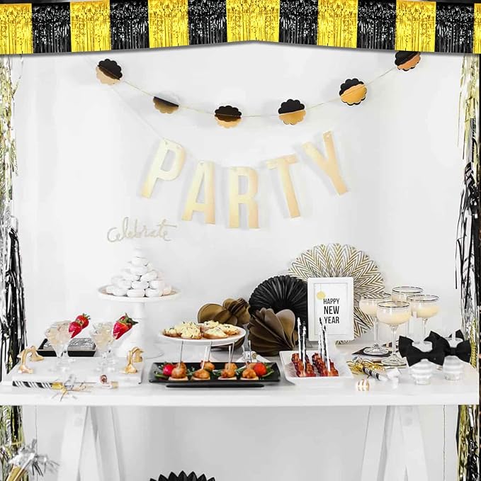 6 Pack 10 Feet Black Gold Foil Fringe Garland Metallic Tinsel