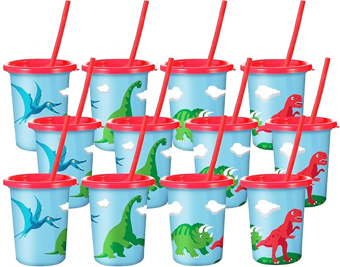 Dinosaur Cups for Kids Party with Straw and Lid Set of 12 Dino Cups
