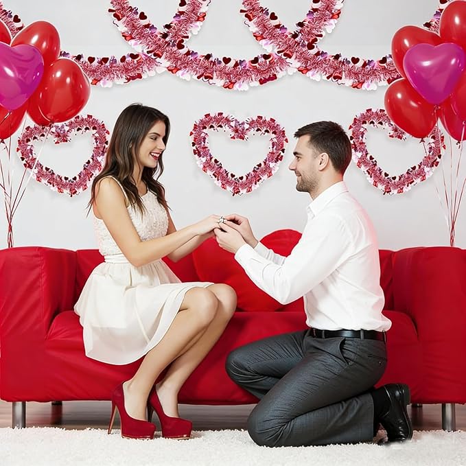 Valentines Day Garland with Hearts 50 Ft Pink Red Glitter Tinsel