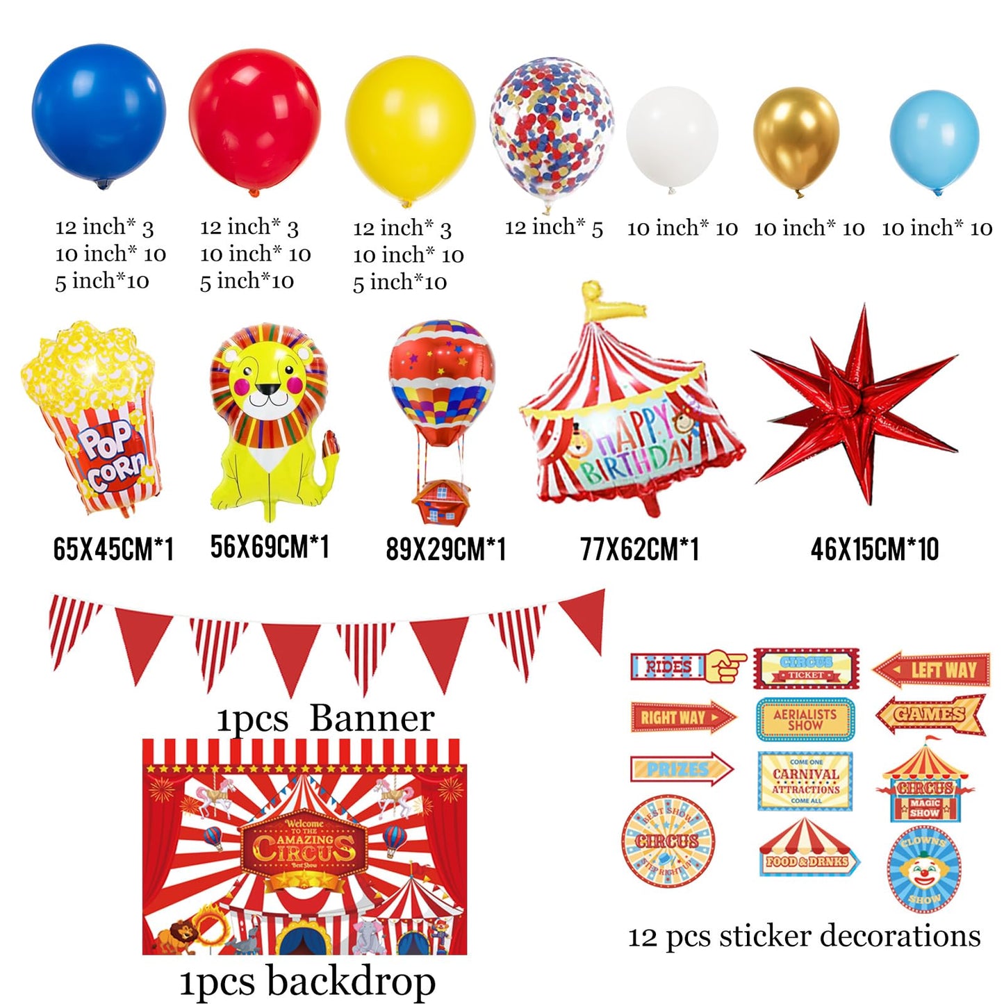 Circus Theme birthday party decorations & include red yellow blue