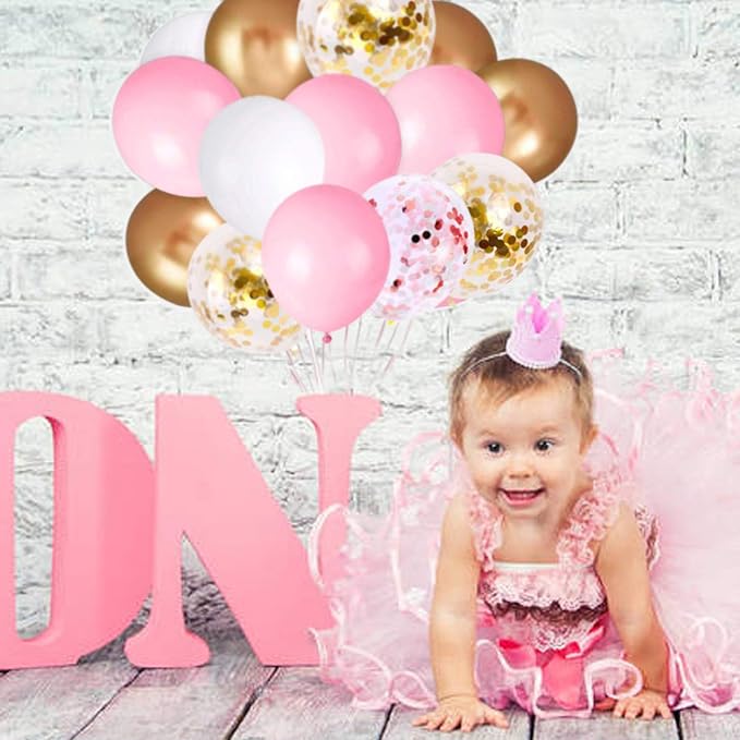 60Pcs Pink Gold Confetti Latex Balloons Kit, 12 Inch Pink