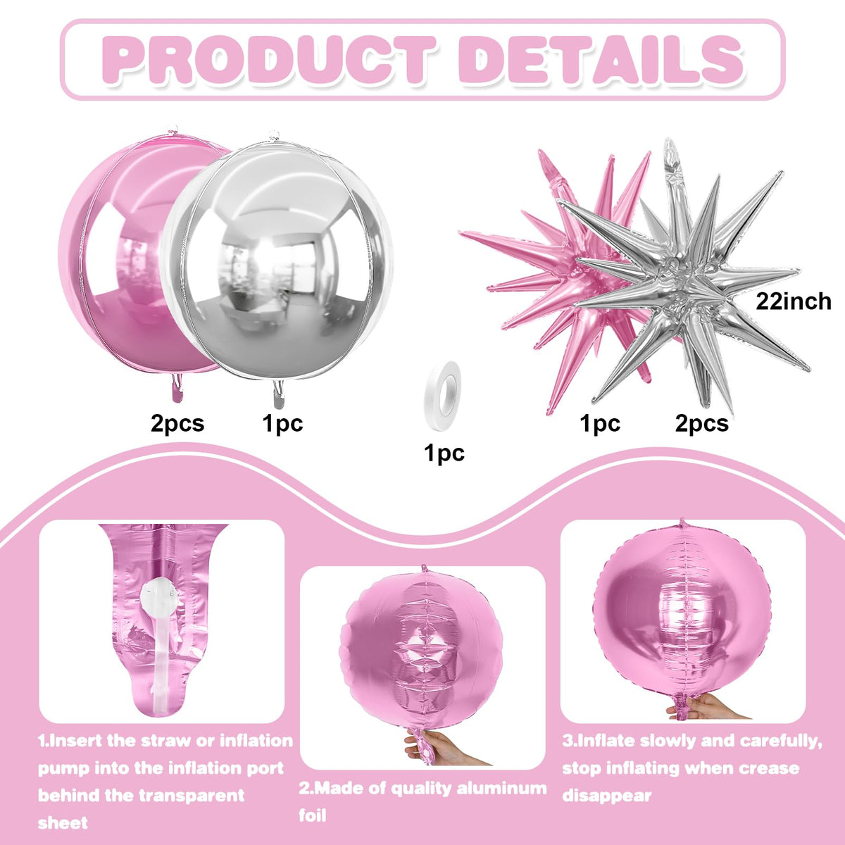 6Pcs Pink Silver Foil Balloons,22Inch Light Pink Silver 4D Round Ball