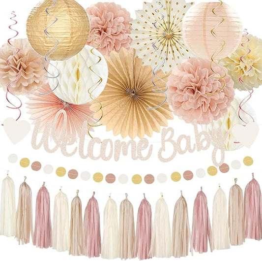 Champagne Gold Boho Baby Shower Party Decoration Welcome Baby Banner