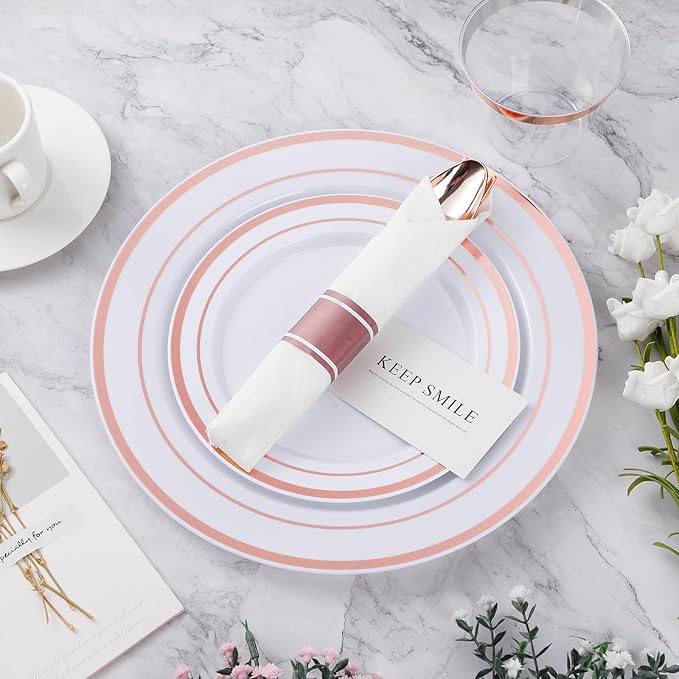 BESTVIP 350PCS Rose Gold Plastic Dinnerware Set, Disposable Party