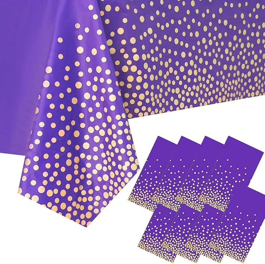 8 Packaging Purple and Gold Plastic Tablecloth, 54 inch x108 inch