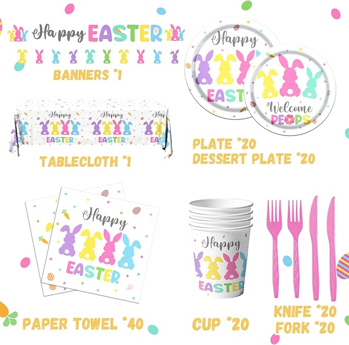 Easter Party Tableware 142pcs Bunny Easter Paper Plates and Napkins