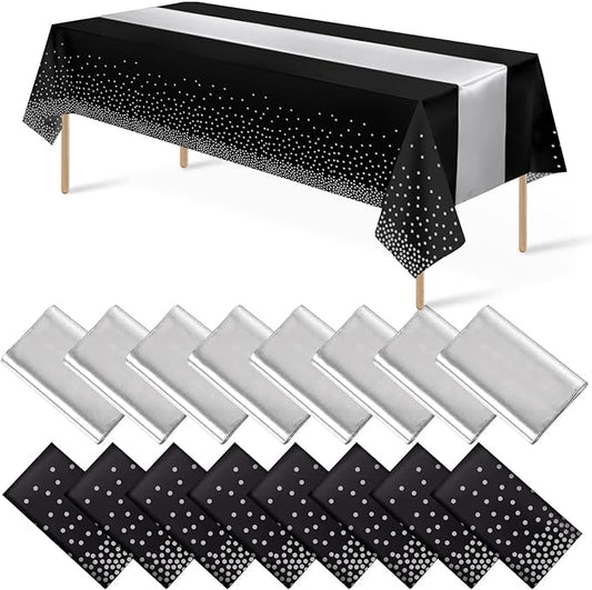 16Pack Disposable Plastic Tablecloths and Satin Table Runner Set