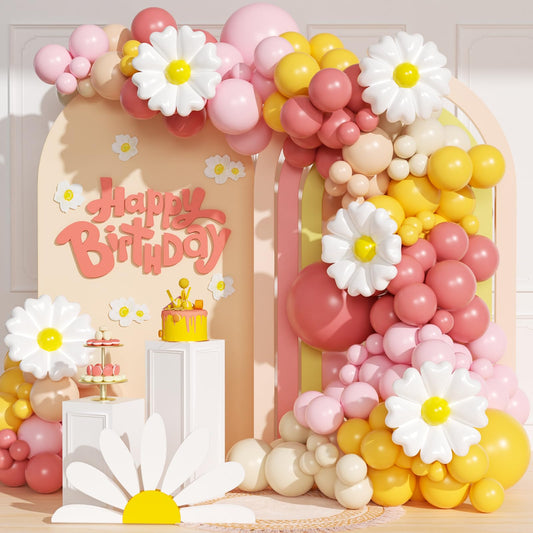 Groovy Daisy Balloon Arch, Boho Balloon Arch Kit with Dusty Pink Light