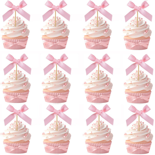24pcs Bow Cupcake Toppers - Girls Pink Bow Cake Picks Party