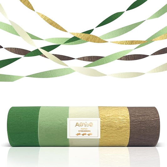 AOYOO 5 Rolls Crepe Paper Streamers - Sage Olive Green, Gold & Ivory