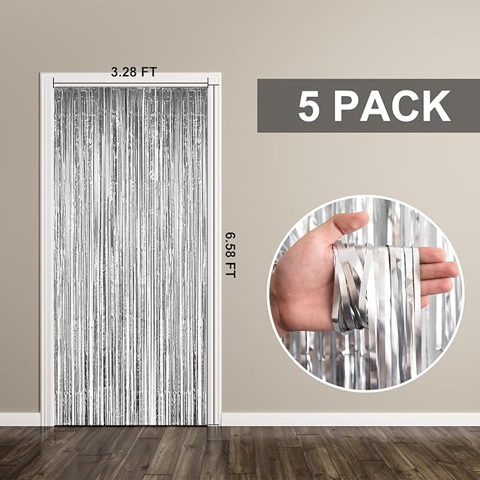 5 Pack Foil Curtain Backdrop Silver Metallic Tinsel Foil Fringe