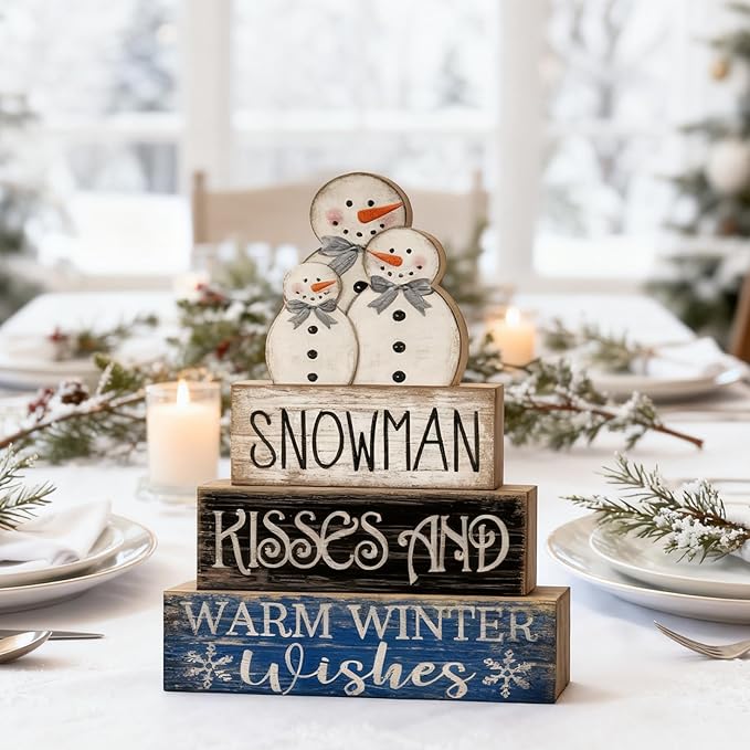 4 Pcs Winter Table Decor Wooden Snowman Decorations Winter Tiered