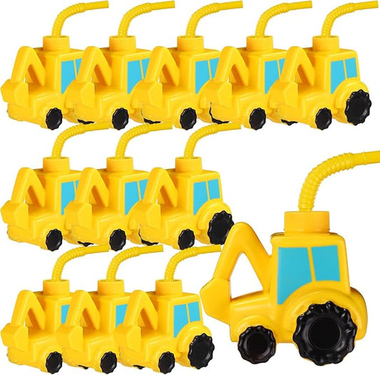 12 Set Excavator Truck Cups with Straws Tractor Birthday Party