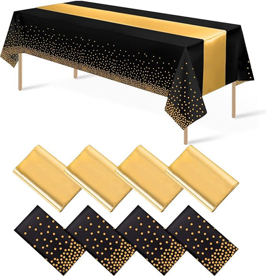 8Pack Disposable Plastic Tablecloths and Satin Table Runner Set Black