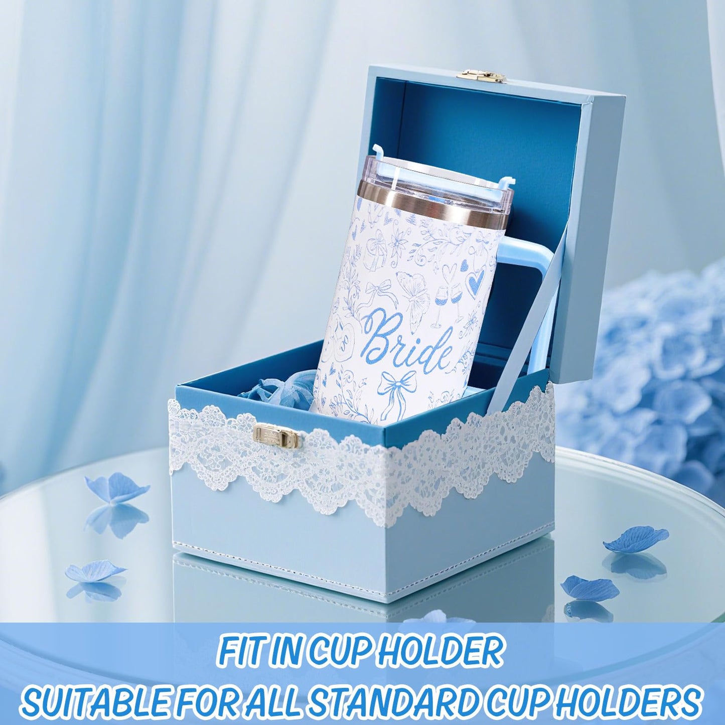 Whaline 40oz Bride Tumbler with Handle Straw and Lid Blue Bow Floral