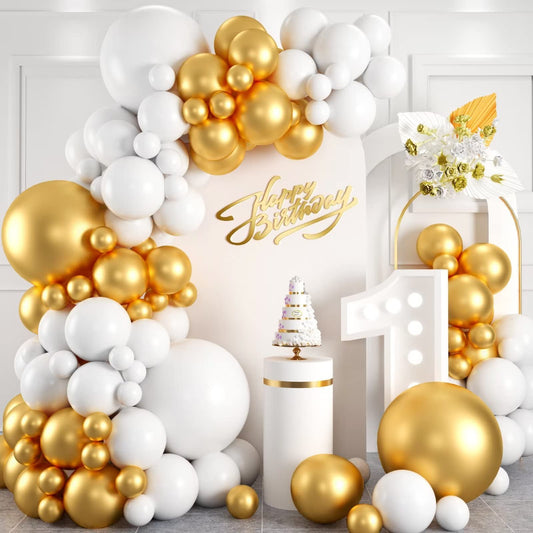 White and Gold Balloon Arch Garland Kit, Metallic Gold and Latex White
