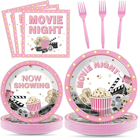 96Pcs Movie Night Party Supplies Pink Movie Birthday Plates and