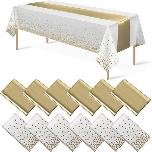 12Pack Disposable Plastic Tablecloths and Satin Table Runner Set White