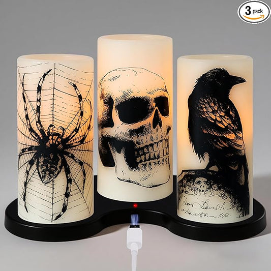 Halloween Flameless Candles with Skull Spider Web Crow Raven Decal