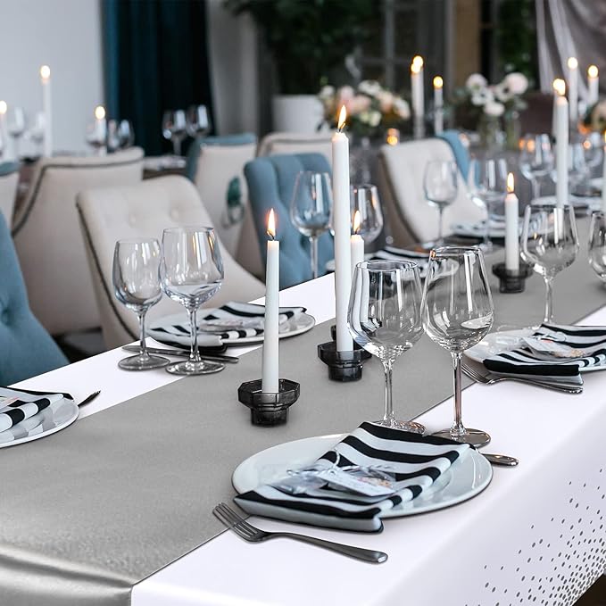 8 Pack White and Silver Disposable Plastic Tablecloths