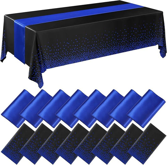 Breling 16 Pack Black and Blue Disposable Plastic Tablecloths and