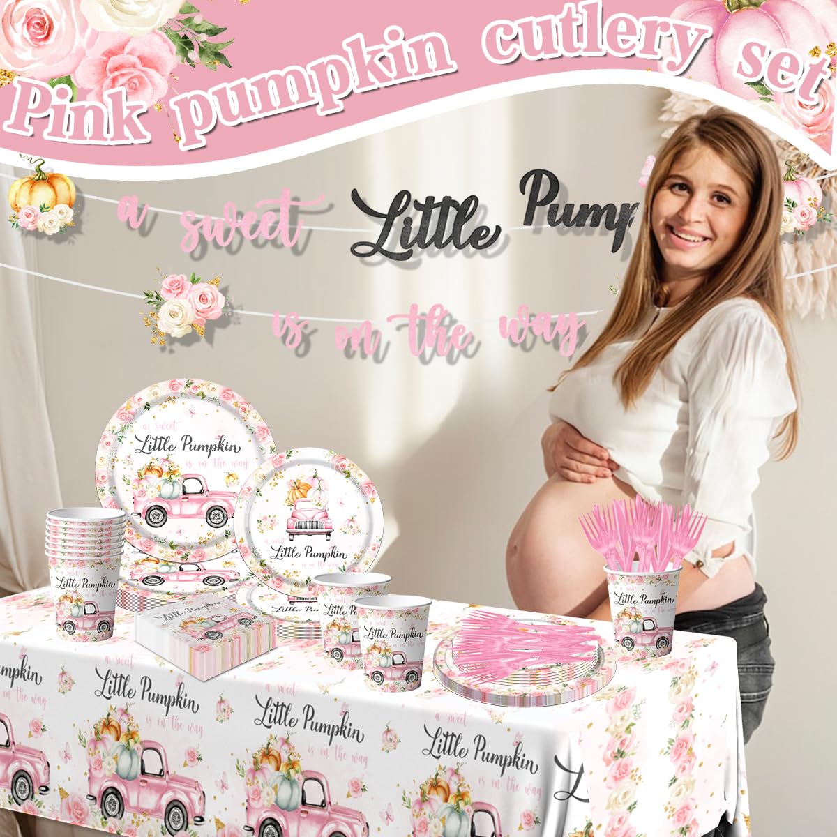 Little Pumpkin Baby Shower Party Decorations Tableware,142Pcs A Sweet