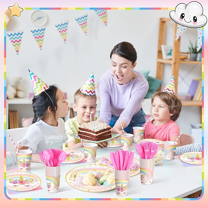 168 Pcs Unicorn Party Tableware Supplies Set Include Rainbow Unicorn