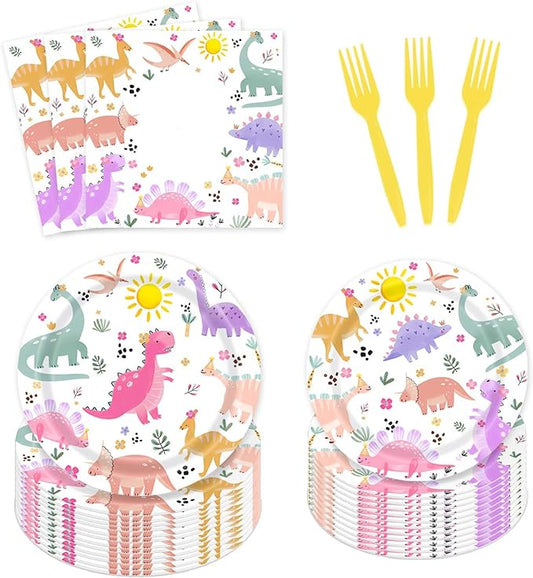 Pastel Dinosaur Plates and Napkins Girl Dino Pink & Purple Three Rex