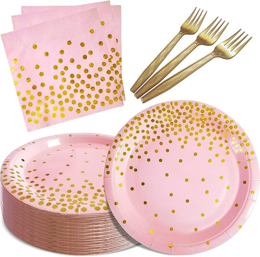 Pink and Gold Party Supplies,Serves 35 Guests Pink Paper Plates and