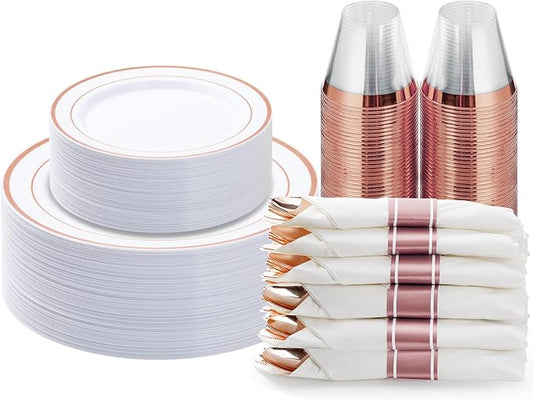 175PCS Rose Gold Plastic Dinnerware Set, Disposable Party