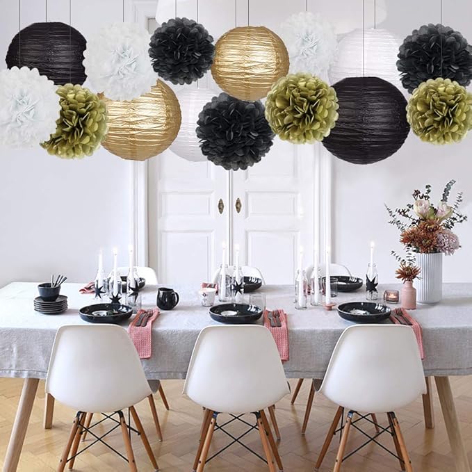 Black Gold Party Decorations, Black Gold Paper Lanterns and Pom Poms